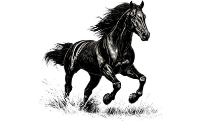 Vintage wild horse engraving, hand-drawn black sketch, retro equine art, monochrome illustration, trendy animal design, rustic ranch decor, country style prints, old engraving style artwork