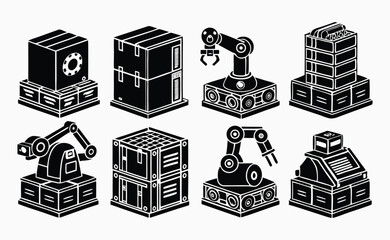 Isometric Icons Set of Industrial Robots and Cargo Boxes