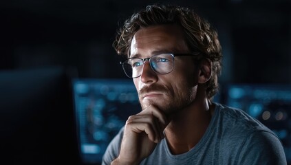 Contemplative Man with Glasses Studying Illuminated Blue Screen in Dimly Lit Environment