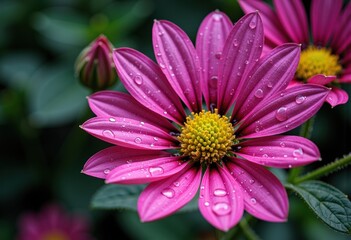 Obraz premium Vibrant pink flower with water droplets on its petals and green leaves