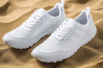 Fresh and Modern White Sneakers on Desert Sand Showing Comfort and Style Suitable for Active Lifestyle and Casual Wear in a Trendy Environment