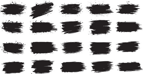 Grunge Ink Brush Stroke Vector Set – Dirty Hand Drawn Paintbrush Shapes with Splashes and Blots, Black Artistic Brushstroke Frames and Text Boxes for Graphic Design, Poster and Label Elements