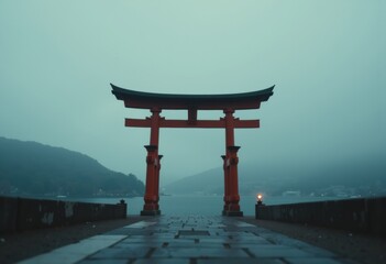 Naklejka premium Traditional Japanese torii gate standing by the water in a misty landscape