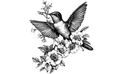 Vintage Nature Print, Hand-drawn Hummingbird Among Flowers, Rustic Wall Decor, Black Sketch Effect, Detailed Floral Wildlife Illustration, Engraved Animal Art, Trendy Vintage Wall Art
