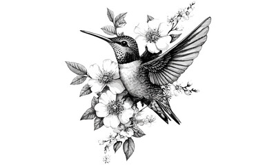 Hand-drawn Hummingbird Among Flowers, Detailed Floral Wildlife Illustration, Rustic Wall Decor, Vintage Nature Print, Black Sketch Effect, Old Engraving Style, Trendy Botanical Art