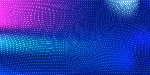 Abstract digital waving 3d particle technology background design. Futuristic moving dots particles, hi-tech and big data visualization for brochures, flyers, magazine, business card, banner. Vector.