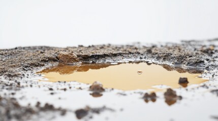 Close up of muddy puddle with water drop on ground level shot against white background in natural light