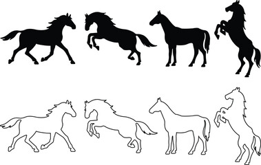Running and jumping horse silhouette set. Horses collection