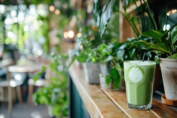 Fresh and Vibrant Green Beverage Served in a Chic Cafe Surrounded by Lush Indoor Plants and Cozy Atmosphere for Invigorating Moments