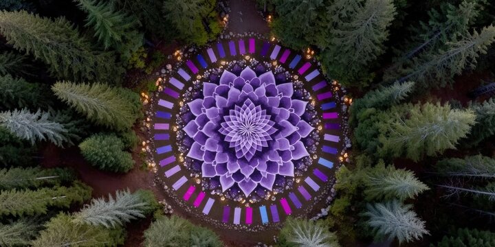 A breathtaking aerial view of a vibrant mandala design in an outdoor setting surrounded by lush evergreen trees showcasing harmony and tranquility in nature's aesthetic beauty - Powered by Adobe