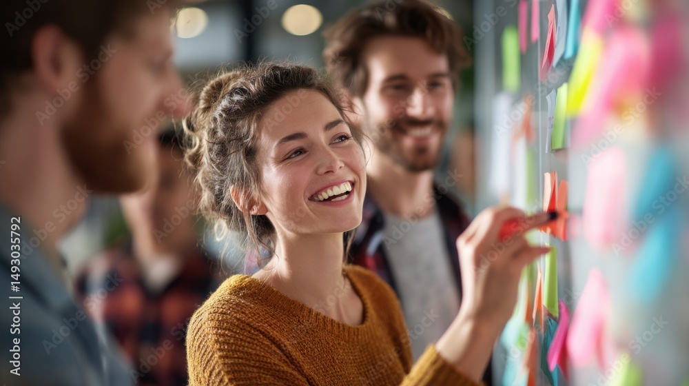 Poster smiling woman writing on sticky notes during brainstorming session, illustrating teamwork and creati