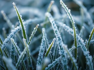 Delicate frost crystals shimmer softly on frozen grass blades in the winter light.