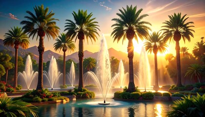 Obraz premium Tranquil Palm Tree Fountains with Water Jets Under Warm Sunset Light in Digital Painting Style