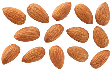 Almond collection png. Almond nuts isolated on white or transparent background. Perfect retouched almonds no background top view. Almond collection. Transparent png. Full depth of field.