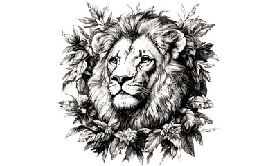 Detailed Lion Illustration in Jungle, Vintage Engraved Animal Art, Rustic Black Sketch, Wild Cat Safari Design, Nature Wall Print, Old Engraving Style, Trendy Wildlife Home Decor