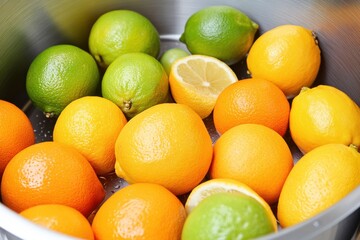 Fresh Citrus Fruits Including Oranges, Lemons, Limes, and Their Vibrant Colors on Display in a Metal Bowl for Healthy Eating Inspiration and Culinary Use
