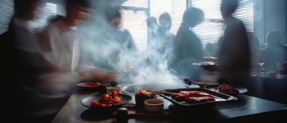 A bustling dining scene with dishes on a steaming grill, amidst hazy smoke and blurred movement, creating a lively and dynamic atmosphere.