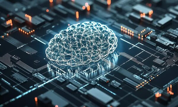 A glowing brain floating in space with light beams shining out of it, stock photo, 3D render, hyper-realistic, dark blue background, bokeh