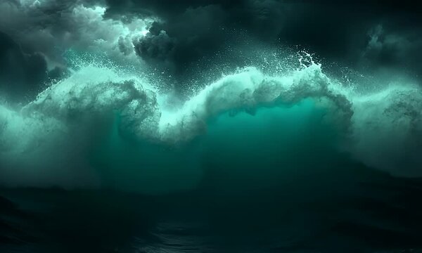 Dramatic ocean wave crashing against a dark, stormy sky with bright cyan light