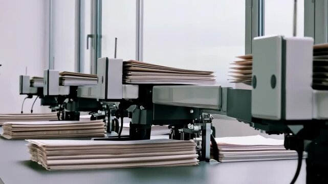 Automated office machinery processing stacks of paper in a production line on a grey table near a bright window.