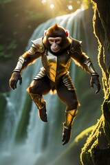 Golden Armored Monkey Leaping in Jungle Landscape