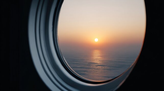 Fototapeta A breathtaking sunset over the ocean seen through an airplane window during flight.