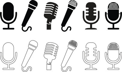 Microphone flat and line Icons set. Mic Podcast collection for web and mobile apps. Podcast mike, journalist microphones vector illustration