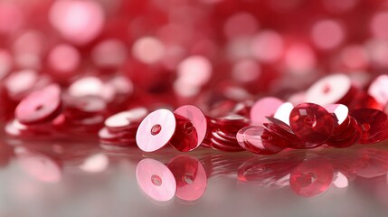 Close-up of red sequins scattered on a reflective surface, creating a sparkly effect
