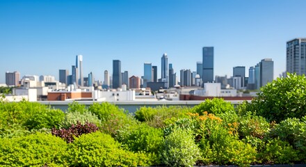Fototapeta premium Green Roof with City Skyline View on Clear Day