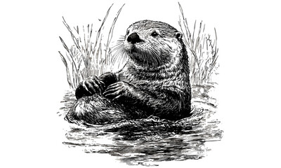 Vintage Hand-drawn Sea Otter in River, Rustic Wildlife Design, Coastal Animal Print, Engraved Marine Life Art, Black Sketch Effect, Nature Wall Decor, Old Engraving Style, eco art