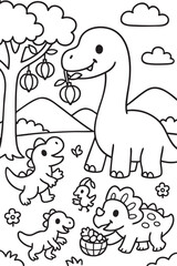 Cute Cartoon Dinosaurs in Prehistoric Landscape for Coloring Book