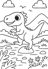 Obraz premium Cute Cartoon Dinosaurs in Prehistoric Landscape for Coloring Book