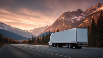 A stunning image of stunning image of white cargo truck with a white blank empty trailer for ad on a highway road in the united states. beautiful nature mountains and sky. golden.