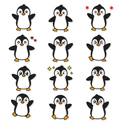 Obraz premium Nine cartoon penguins displaying various emotions on a white background