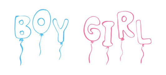 Boy and Girl balloons letters sketch vector illustration for birthday parties baby showers gender reveal events children celebrations invitations decorations party printables