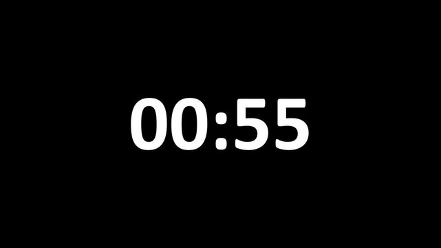 One minute countdown animation from 60 seconds to 0 seconds on a transparent background, One minute countdown timer with alpha channel