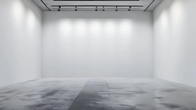 Modern bright gallery with blank white wall background and concrete grey floor. 3D Rendering, mockup, created with generative ai	