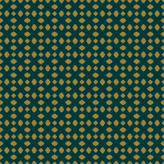 Vector golden geometric seamless pattern in oriental style. Dark green and gold texture with curved shapes, diamonds, leaves, petals, grid. Simple vintage background. Abstract ornament. Repeat design