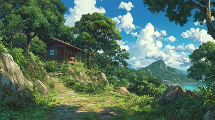 A stunning image of beautiful natural scenery in an anime illustration, showcasing peaceful landscapes filled with lush foliage and serene environments.