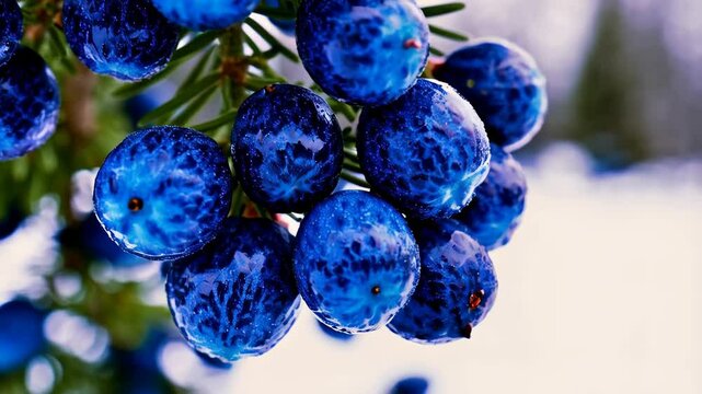 Close-up of vivid blue juniper berries on an evergreen branch against a soft focused, snowy background