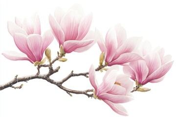 Naklejka premium Pink Magnolia Branch Blooming in Spring Watercolor Painting on White Background Close Up Floral Illustration