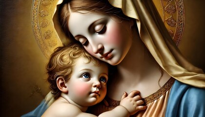 Holy Closeup Portrait of Baby Jesus and Mother Mary