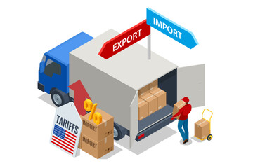 Isometric showing rising US import tariffs, affecting global logistics with plane, cargo ship, truck, and map route symbolising Import tariffs, trade war and economic conflict