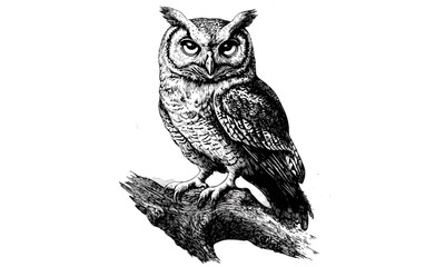 Nocturnal Animal Art, Hand-etched Owl with Moon, Vintage Bird Illustration, Rustic Wall Decor, Detailed Wildlife Engraving, Black Sketch Effect, Old Engraving Style, Nature Wildlife Drawing