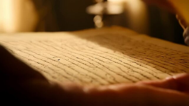 Close up on an ancient handwritten document with elegant cursive and vintage paper, bathed in soft, warm light emphasizing detail and texture.