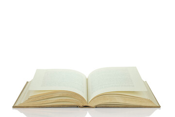 An old book is open isolated on white background with clipping path.