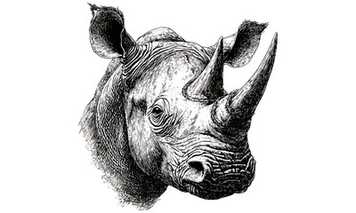 Obraz premium Vintage Rhino Head Engraving, Hand-etched Safari Animal, Rustic Wildlife Illustration, Black Sketch Drawing, Antique Style Art, Safari Wall Decor, Trendy Animal Illustration, Natural History Art,