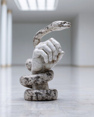 Hyperrealistic sculpture of a snake coiled around a marble hand, set in a minimal white gallery space, evoking surreal themes of instinct, control, and duality — ai generative.