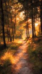 Obraz premium a dreamy forest path illuminated by golden sunset, warm tones, oil painting texture, soft painterly style