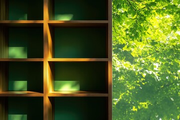 Sunlit wooden shelves with green background, nature inspired design.